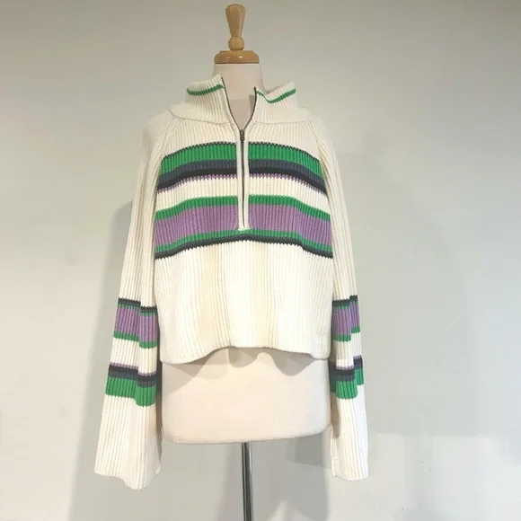 Free People Greta Stripe Half-Zip Mock Neck Sweater Size Large NWT - Picture 8 of 15